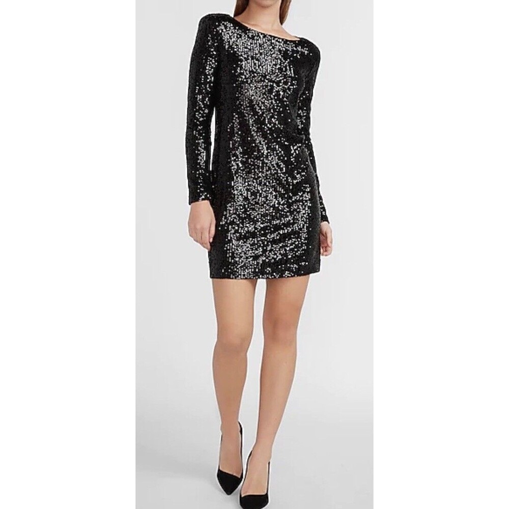 NWOT Express Mini Dress M Black Disco Club Sequins Long Sleeves Cocktail Party